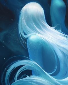 a painting of a woman with long white hair and blue water in the background is an underwater scene