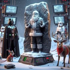 star wars characters are posed in front of a rock with snow on the ground and television screens behind them