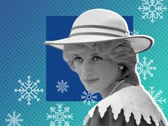 a woman wearing a white hat with snowflakes on the side and blue background