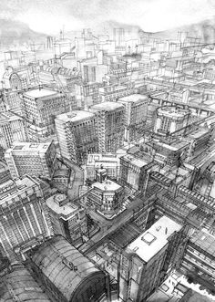 a drawing of a city with lots of tall buildings