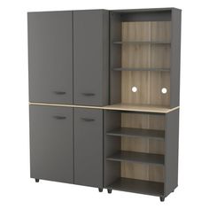 an office cabinet with two doors and three shelves on each side, one door open to reveal the other