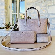 Guaranteed Authentic Brand New With Tags Attached. This Is An Option Listing You Can Buy Each Piece Or The Set Handbag & Wallet & Card Holder: $399 Handbag & Wallet: $350 Handbag & Card Holder: 325 Handbag: $250 Wallet: $199 Card Holder: $129 Kate Spade Glimmer Glitter Handbag/Wallet/Card Holder Option Gold Nwt Womens Satchel Details: Material: Smooth Glitter Fabric Zip Top Tote Metal Pinmount Logo Detachable Crossbody Strap Dimensions: 8"W X 9"H X 4d Wallet: Leather Imported 100% Polyester Lini Luxury Glitter Bags For Everyday Use, Elegant Kate Spade Glitter Bags, Elegant Everyday Bag With Sparkling Details, Elegant Silver Kate Spade Bag, Luxury Glitter Rectangular Bag, Elegant Everyday Sparkling Bag, Kate Spade Luxury Silver Bag, Luxury Silver Kate Spade Bag, Kate Spade Silver Bag For Everyday Use