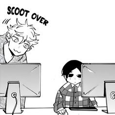 two people sitting in front of computer monitors with speech bubbles above their heads, and the caption says shoot over