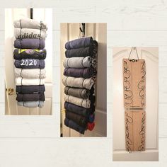 three pictures of folded clothes hanging on hooks and in front of a door with the words happy new year written on them