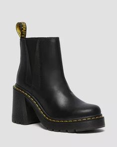 Spence Leather Flared Heel Chelsea Boots in Black | Dr. Martens Ladies Chelsea Boots, Dr Martens Leona, Chelsea Boots Heel, Lug Boots, Black Dr Martens, Heeled Chelsea Boots, Chelsea Boots Women, Leather Heeled Boots, Black Chelsea Boots