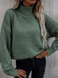 Green Sweater Women, Batwing Sleeve Sweater, Business Formal Dress, Solid Color Pants, Formal Dresses Gowns, Oversized Knitted Sweaters, Oversize Knit, Drop Shoulder Sweaters, Professional Dresses