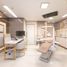 an office with dental equipment in it and lights on the ceiling, along with desks and chairs