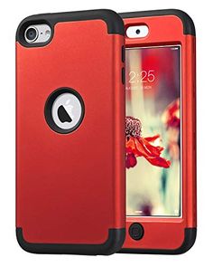 an iphone case that is red and has a black bumper on the back of it