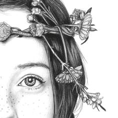 a pencil drawing of a girl with flowers in her hair and butterflies on her head