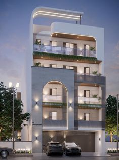 two cars parked in front of a tall building with balconies on the second floor