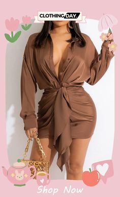 Black Fashion Sexy Solid with Belt Turndown Collar Long Sleeve Dresses Brown Long Sleeve Dress, Style Vert, Long Sleeve Dresses, Women Long Sleeve Dress, Belted Shirt Dress, Style Noir, Turndown Collar, Womens Black Dress, Hip Dress