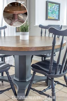 a dining room table with four chairs around it