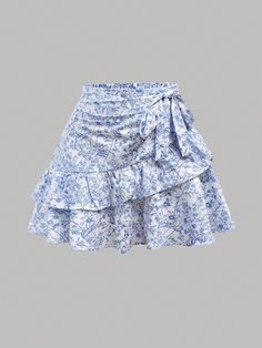 Teen Girl Blue & White Porcelain Printed Patchwork Skirt With Ruffle Hem For Holiday Blue Boho   Woven Fabric Floral,Ditsy Floral,All Over Print Layered/Tiered Non-Stretch  Teen Girls Clothing, size features are:Bust: ,Length: ,Sleeve Length: Blue Flower Skirt, Shuffle Cutouts, Casual Summer Skirt, Holiday Skirts, Casual Preppy Outfits, Patchwork Skirt, Flower Skirt, Cruise Outfits, Floral Mini Skirt