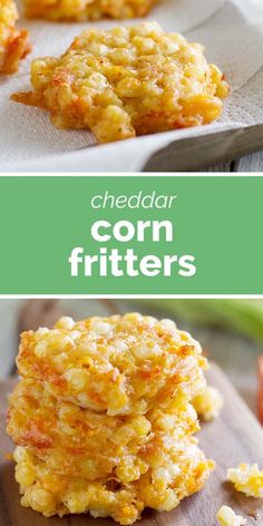 cheddar corn fritters are stacked on top of each other