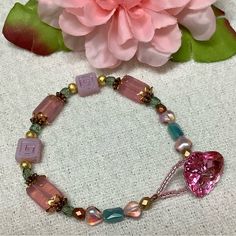 Lovely Dainty Design That Was Handmade Especially For This Shop. Beautiful Heart Button Makes The Closure And The Beads Are Czech Glass And Crystal. This Piece Is Created With Gold And Copper Mixed Metals And Is Very Comfortable And Lightweight. Comes In An Organza Bag! Elegant Pink Heart Beaded Bracelets, Elegant Pink Heart-shaped Beaded Bracelets, Pink Bohemian Beaded Bracelets With Heart Beads, Bohemian Pink Beaded Bracelets With Heart Beads, Elegant Pink Beaded Bracelet With Heart Charm, Beaded Heart Bracelet For Parties, Pink Bohemian Bracelets For Valentine's Day, Bohemian Pink Bracelets For Valentine's Day, Pink Heart-shaped Bohemian Bracelets