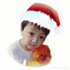 a young boy wearing a santa hat holding a teddy bear