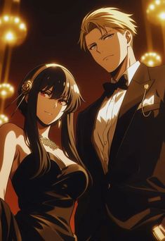 two anime characters standing next to each other in front of lights and chandeliers