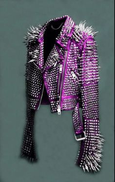 Bold purple leather jacket with long spikes and studded detailing, perfect for those who love the punk aesthetic. Free Shipping on all punk purple spiked studded leather jackets. Premium Genuine Leather: Made from high-quality genuine leather, providing durability with a luxurious, supple feel. Full-Length Silhouette: Elongated design adds drama and creates a flattering fit, perfect for enhancing your favorite outfits. Bold Spiked and Studded Accents: Features metal spikes and studs across the s Lin Miranda, Spiked Leather Jacket, Punk Leather Jacket, Metal Outfit, Punk Jacket, Steampunk Woman, Cyberpunk 2020, Custom Leather Jackets, Bodysuit Costume