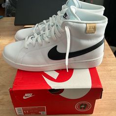 Mens Nike Court Royale 2 Mid Size 11 White With Black New Never Worn Comes With Box Nike Court Vision Mid Outfit Man, Nike Court Royale, Nike Court Royale 2 Mid, Wmns Nike Court Royale 2 Nn, White Mid-top Nike Air Force 1 Synthetic, Mens Nike Shoes, White Nikes, New Black, Nike Men