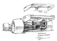 a drawing of a race car with the front wheel and rear wheels facing forward,