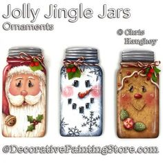 three jars with christmas decorations painted on them