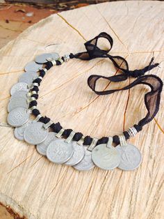 Tribal Kuchi Coin Staement Necklace, Anklet, Bracelet wih Black Silk Ribbon Bohemian Coin Necklaces For Festivals, Bohemian Coin Necklace, Antique Handmade Coin Necklace For Festival, Bohemian Festival Coin Necklace, Bohemian Ceremonial Necklace With Oxidized Finish, Silk Jewelry, Headpiece Jewelry, Anklet Bracelet, Coin Jewelry