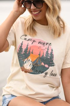 Sublimation printed on bella canvas unisex soft tees No minimum TAT: 5-10 business days Camping Tee Shirts, Beer Olympics, Granola Girl Aesthetic, Camping Tee, School Collection, Worry Less, Screen Printing Shirts, Camping Outdoors, Granola Girl