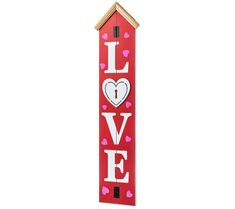 a red wooden sign that says i love with hearts and a clock on the front