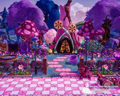 an animated image of a pink and purple house in the middle of a garden with trees