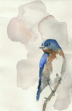 a watercolor painting of a blue bird perched on a branch with clouds in the background