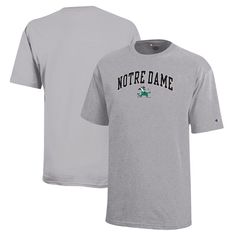 Help your kiddo show their Notre Dame Fighting Irish pride with this Arch Over Logo T-Shirt from Champion. This comfortable and breathable tee is made from jersey cotton and features a classic crew neck for a timeless look. The stacked team name and logo printed on the front make it clear where your young Notre Dame Fighting Irish fan's allegiance lies on game day. Athletic Heather Short Sleeve Fan Merchandise T-shirt, Pre-shrunk Cotton T-shirt For College, Gray Crew Neck T-shirt For College, Athletic Heather Crew Neck T-shirt For Fan Gear, Athletic Heather Cotton Crew Neck T-shirt, Gray Crew Neck T-shirt For Fans, Relaxed Fit Crew Neck T-shirt For Fan Gear, Gray Team Spirit Pre-shrunk T-shirt, Athletic Heather Short Sleeve Fan Apparel T-shirt