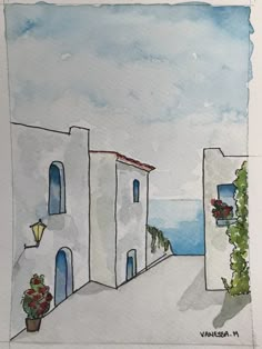 a watercolor painting of an alleyway with potted plants on each side and the ocean in the background