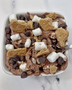 an ice cream dish with marshmallows, chocolate chips and graham crackers