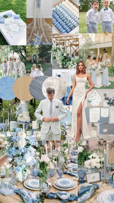 a collage of blue and white wedding decor, including plates, napkins, flowers, and candles