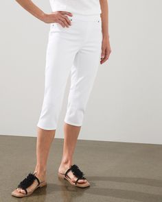 Never worry about wearing white pants again in our No-Stain 17" Pull-on Denim Capris. Made with a lightweight stretch no-stain fabric, these capri pants will win you over after just one wear. These versatile capris can be worn with tanks, tee, and even linen shirts. The Fabric: Lightweight cotton-blend denim fabric with light stretch. Fabric Care: 61% cotton, 29% rayon, 8% polyester, 2% lycra. Machine wash. Imported. The Fit: Classic fit; pull-on, faux front pockets, real back pockets; inseam: 1 Capri Trousers, Cropped Pants Women, Linen Shirts, Denim Capris, Dresses Pants, Womens Designer Fashion, Sweaters And Jeans, Pants Jeans, White Pants