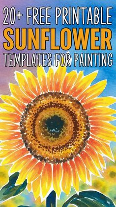 Colorful sunflower illustration with text promoting over 20 free printable templates for painting.