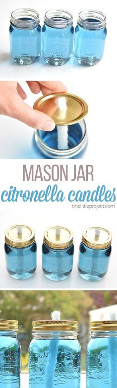 mason jars are filled with blue liquid and gold lids, as if they were floating in water