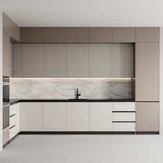 an empty kitchen with marble counter tops and white cupboards on either side of the sink