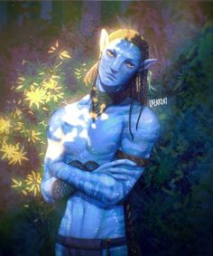 a man with his arms crossed standing in front of some plants and trees, wearing blue makeup