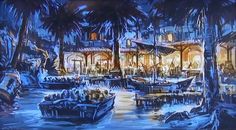 a painting of some boats in the water and people walking around it at night time