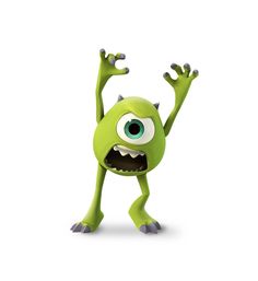 a cartoon green monster with big eyes and hands in the air