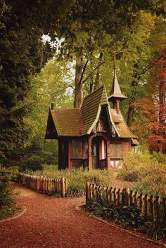 an image of a house in the woods with trees and leaves on it's sides