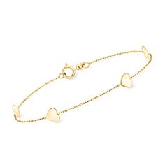 Ross-Simons - Italian 14kt Yellow Gold Heart Station Bracelet. 8". RS Pure. Modern designs that complete your outfit and complement your personality. Sweeten up your stack with this dainty 14kt yellow gold heart station bracelet! Featuring classic heart charms on a simple cable chain. Made in Italy. Springring clasp, 14kt yellow gold heart station bracelet. Italian Bracelet, Dainty Gold Bracelet, Station Bracelet, Fine Jewelery, Fine Jewelry Bracelets, Timeless Jewelry, Jewelry Inspo, Gold Heart, Bracelets And Charms