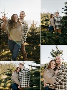 a man and woman standing next to each other in front of trees with their arms around each other