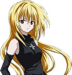 an anime character with long blonde hair and black clothes, standing in front of a white background