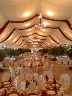 a banquet hall set up with tables and chairs