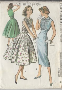 ~ Circa/Date: 1957 ~ Details:   Two style variation DRESS  ~ Size/Measurements (Inches):     ~ Size: 11      ~ BUST: 31 1/2″     ~ Waist: 24 1/2″      ~ Hip: 33 1/2″ ~ Please Note: ~ You are buying a 'Professional Reproduced' copy of this sewing pattern. Copied from the original sewing pattern. Produced in Full Scale Pattern Pieces ready to cut with full instructions included. Reproduced on high quality 50 gm paper with black ink, durable and easier for reuse. Printed by a Professional Printing Company.   ~ With this product comes an accompanying 'Booklet' and inside the Booklet it includes: ~ A 2-page Instructions and Illustrations on 'How to Adjust Your pattern to your Personal Measurement.' ~ Personal Measurement Chart ~ Body Form Illustrations ~ Fitting Checklist ~ Metric Equivalency C 1950 Style, Vintage Vogue Sewing Patterns, 1950 Fashion, Scale Pattern, Vintage Dress Patterns, Vogue Sewing, Vogue Sewing Patterns, Couture Vintage, Vestidos Vintage