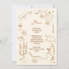 a menu card with an illustration of thanksgiving foods and drinks in gold ink on white paper