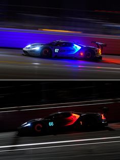 two photographs of a race car speeding down the track at night and in color changing lights