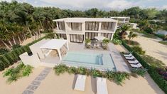 an artist's rendering of a beachfront home in the middle of palm trees